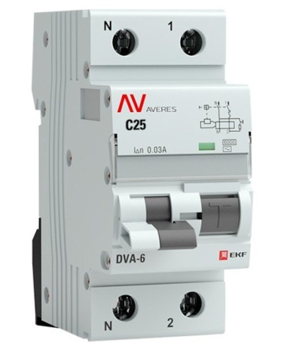DVA-6 1P+N 25А (C) 30мА (AC) 6кА  AVERES (rcbo6-1pn-25C-30-ac-av). Автоматический выключатель дифференциального тока. EKF в Перми