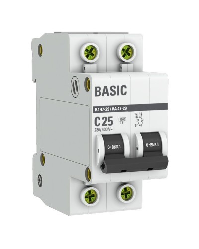 Автоматический выключатель 2P 25А (C) 4,5кА ВА 47-29 Basic (mcb4729-2-25C). Автоматический выключатель. EKF в Перми