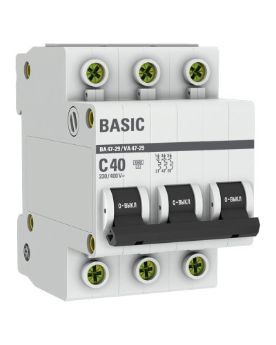 Автоматический выключатель 3P 40А (C) 4,5кА ВА 47-29 Basic (mcb4729-3-40C). Автоматический выключатель. EKF в Перми