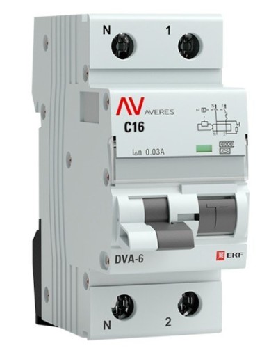 DVA-6 1P+N 16А (C) 30мА (AC) 6кА  AVERES (rcbo6-1pn-16C-30-ac-av). Автоматический выключатель дифференциального тока. EKF в Перми