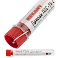 Припой с канифолью ПОС-90 REXANT, 10 г, Ø1.0 мм, (олово 90%, свинец 10%), колба (09-3102): Припой
